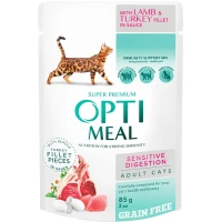OPTIMEAL Adult Cats Grain Free Вологий корм для дорослих котів з чутливим травленням (з ягням та індичим філе у соусі)