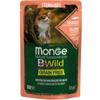 MONGE Cat Bwild Grain Free Wet Sterilised Вологий корм для стерилізованих котів усіх порід (з лососем та креветками)