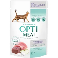 OPTIMEAL Adult Cats Hairball Control Вологий корм для дорослих котів з ефектом виведення шерсті (з качкою та шматками печінки)